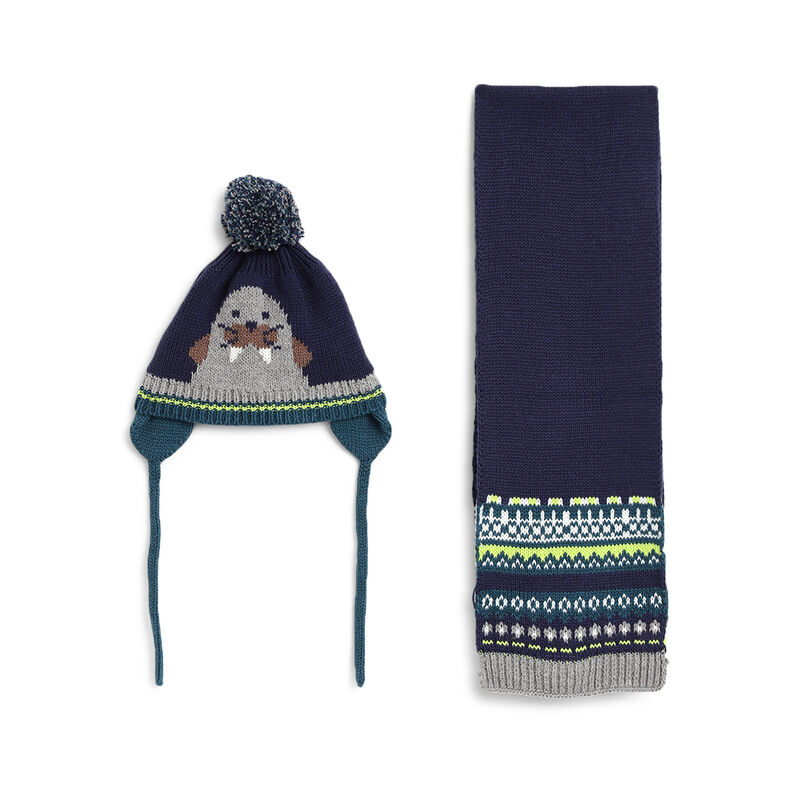 Boys Dark Blue Knitted Hat with Scarf image number 0